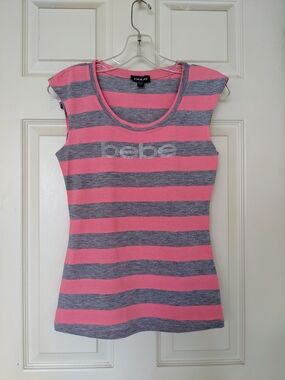 bebe Stretchable Pink and Gray Striped Cap-Sleeve With Rhinestone logo Top.